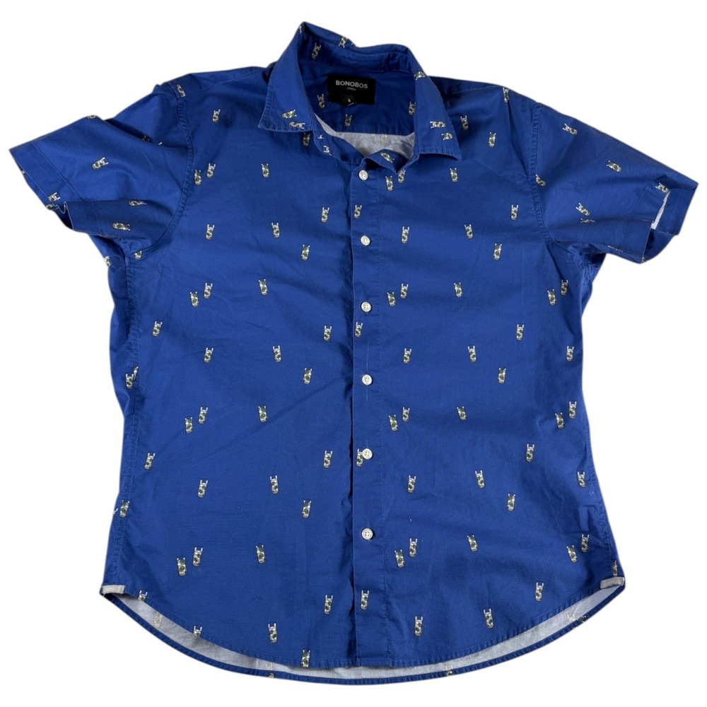 Bonobos Riviera Slim Fit Shirt Mens Large Blue Glass Print Stretch Shirttail Hem